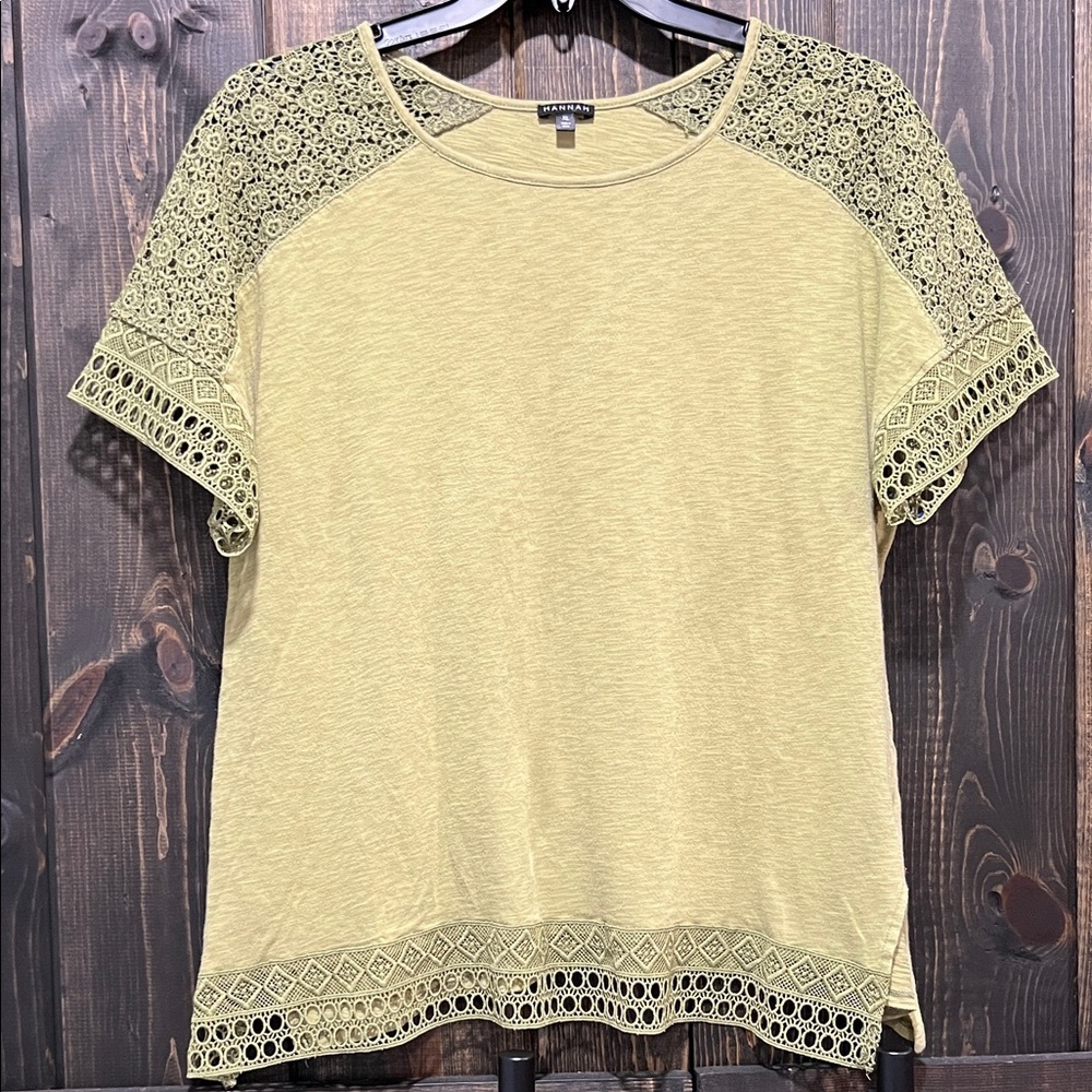 Hannah Bohemian Lace Top XL Green Crochet Casual Boho Autumn Festival Neutral